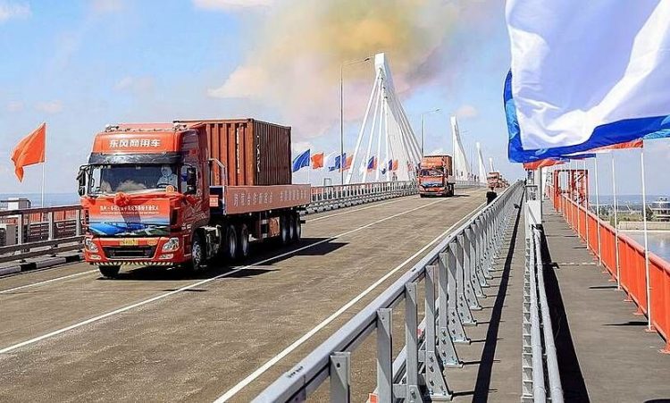 newly constructed highway road bridge linking Russia to china